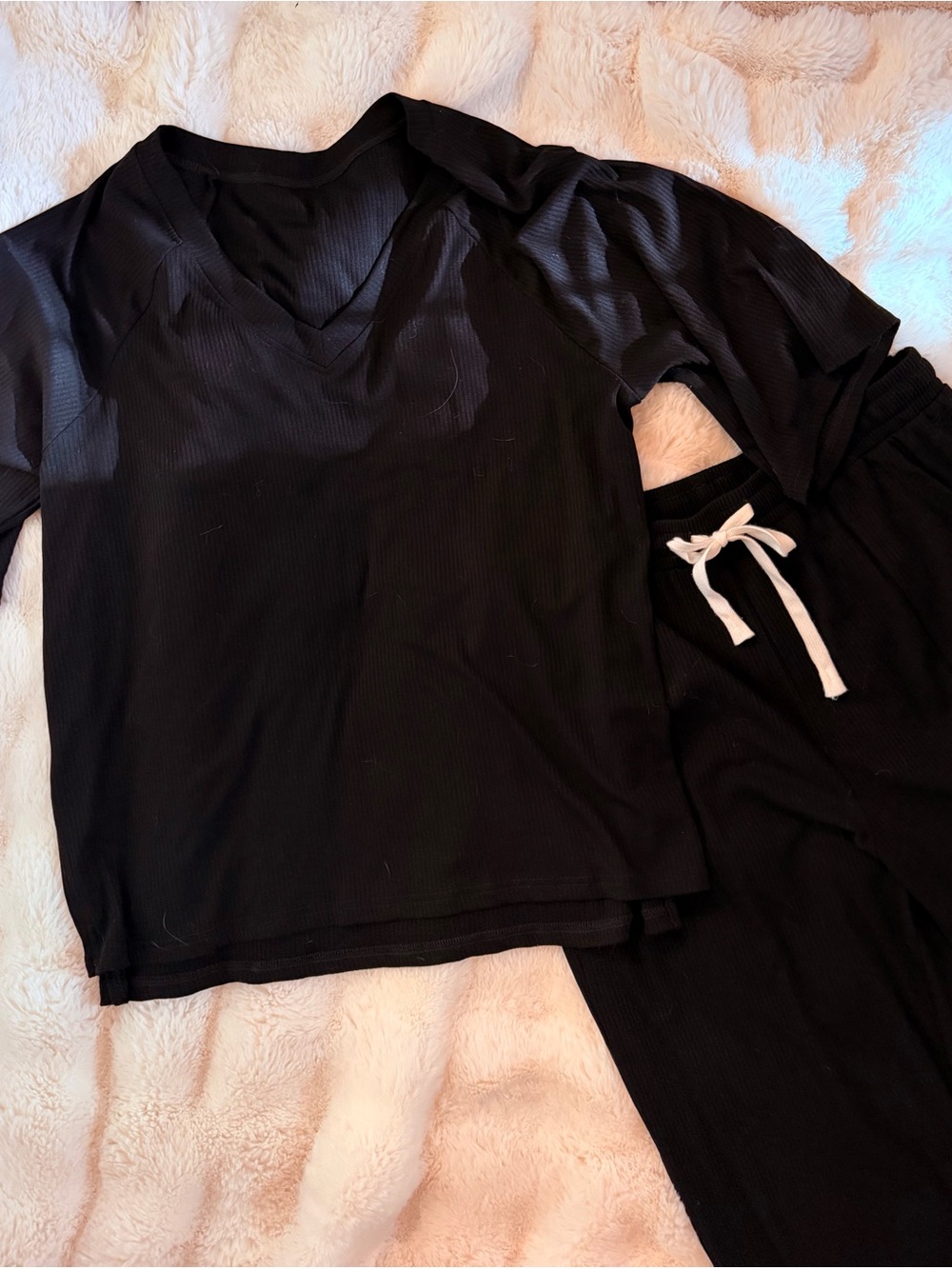 Black Ribbed V-Neck Pajama Set - Women's Sleepwear